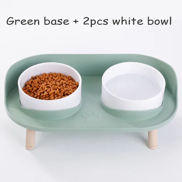 cat double bowl elevated feeder-green base white bowl